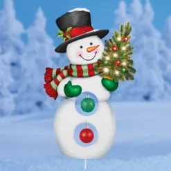Collections Etc LED Lighted Snowman Carrying Tree Outdoor Yard Stake With On/Off Timer