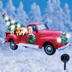 Collections Etc Solar Red Holiday Truck And Puppies Metal Yard Stake