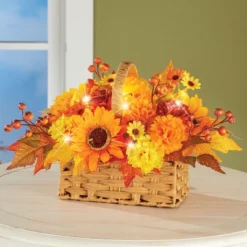 Collections Etc LED Lighted Autumn Floral Basket Centerpiece 16 X 9 X 10.5