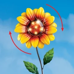 Collections Etc Solar Sunflower Metal Wind Spinner Garden Stake 10.5 X 5 X 47.75