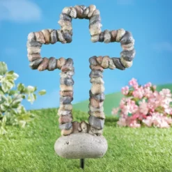 Collections Etc Hand-Painted Stone Cross Outdoor Garden Stake