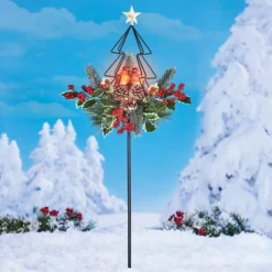 Collections Etc Lighted Solar Cardinal Christmas Tree Yard Stake 12.5 X 7.5 X 37.25