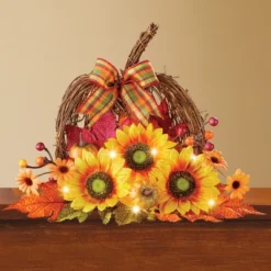 Collections Etc LED Lighted Sunflower Pumpkin Centerpiece 13 X 8.25 X 11.5