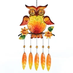Collections Etc Autumn Glass Owl And Leaves Wind Chime