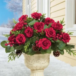 Collections Etc Artificial Holiday Red Rose Bush Arrangement - Set Of 3 12 X 12 X 13