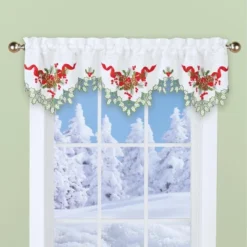 Collections Etc Festive Pinecone Holly Embroidered Window Valance