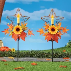 Collections Etc Solar Powered Autumn Star Candles Garden Stakes - Set Of 2