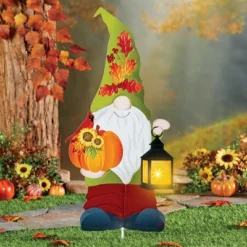 Collections Etc Solar Powered Lighted Fall Gnome Garden Stake Green
