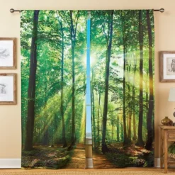 Collections Etc Forest Sunshine Scene Window Drapes - Set Of 2 Green