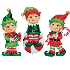 Collections Etc Festive Christmas Elf Metal Garden Stakes - Set Of 3