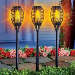 Collections Etc Solar Powered Dancing Faux Flame Garden Stakes - Set Of 3