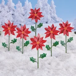 Collections Etc Poinsettia Spinner Metal Garden Stakes - Set Of 6 6.75 X 3 X 18.75
