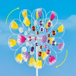 Collections Etc Sparkling Double-Sided Tulip Wind Spinner Garden Stake 14 X 14 X 54.5