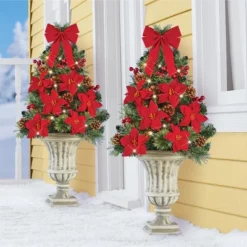 Collections Etc LED Lighted Artificial Poinsettia Tree Stake 13 X 13 X 25